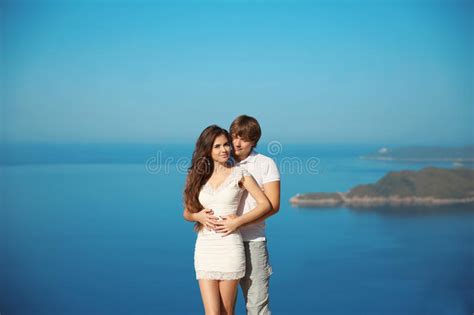 Romantic Affectionate Young Couple In Love On Vacation Over Sea Stock