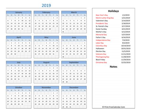Printable 2019 Calendar With Holidays And Notes