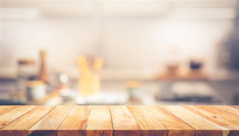 Wood Texture Table Top With Blur Cafe Kitchen Background Stock Photo