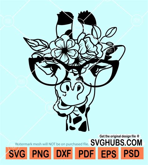Floral Giraffe With Glasses Svg Giraffe Flowers Crown Svg Animal Svg