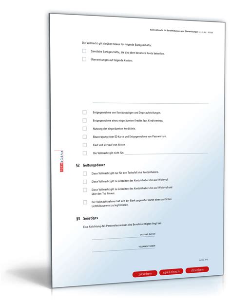 Schlecht sind vordrucke für vollmachten, auf denen der vollmachtgeber durch ankreuzen oder streichen das formular ausfüllt. Vollmacht Formular Bank