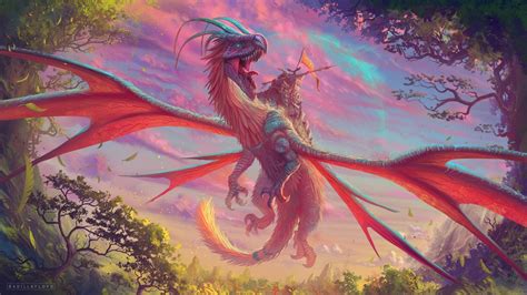 Fantasy Red And Blue Dragon Flying Above Hd Dreamy Wallpapers Hd