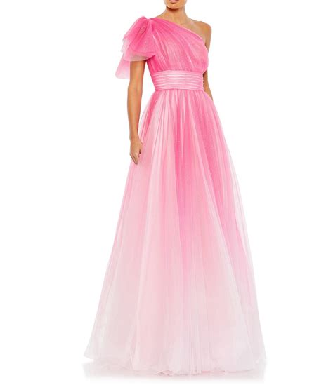 Mac Duggal Asymmetrical One Shoulder Short Ruffle Sleeve Ruched Ombre