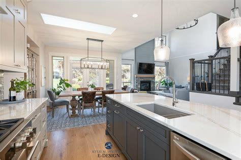 How much furniture should you buy? Open layout kitchen, dining room, living room, warm grays ...