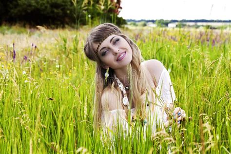 Beautiful Hippie Girl On The Green Meadow Stock Image Image Of Hair