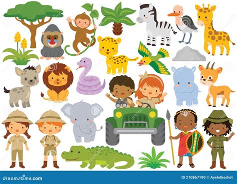 Safari Clipart Bundle â€“ Cute Animals And Kids Stock Vector