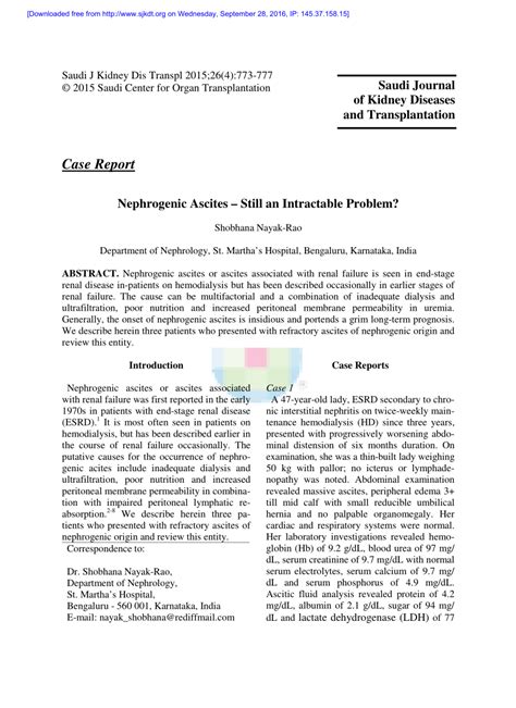 Pdf Nephrogenic Ascites Still An Intractable Problem