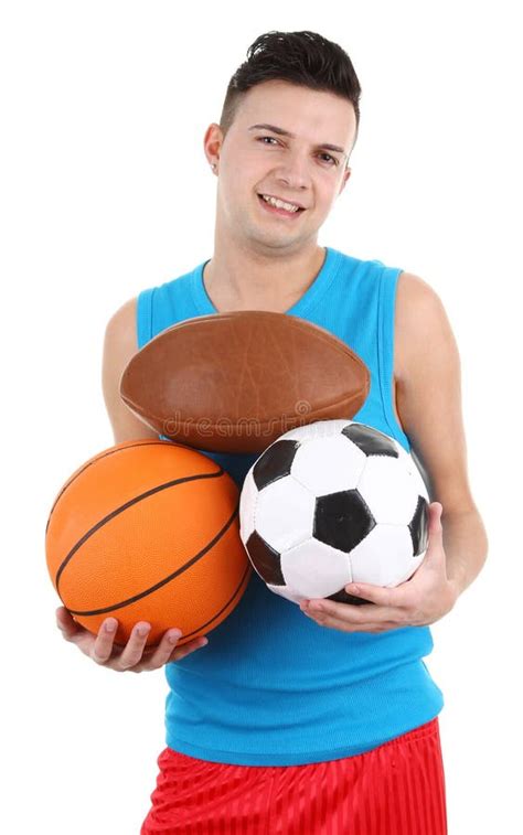 Guy Holding Different Sports Balls Stock Image Image Of Looking Care