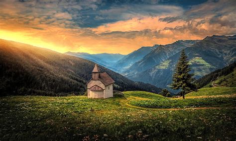 Little Church In The Mountains Mountain Meadow Nature Grass Hd