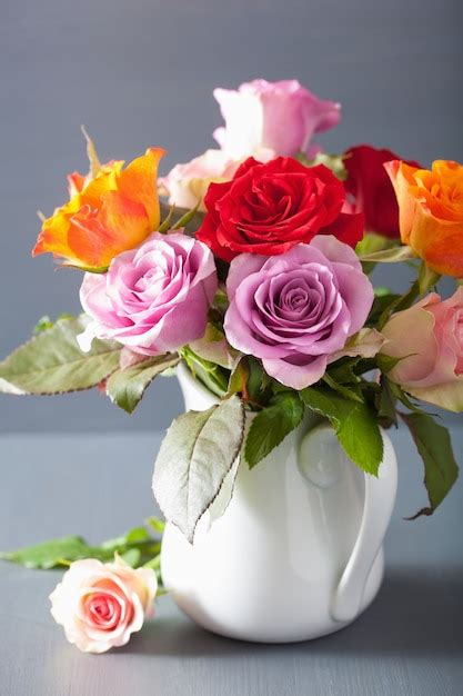 Premium Photo Beautiful Colorful Rose Flowers Bouquet In Vase