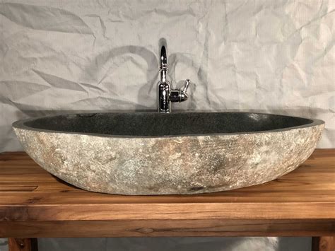River rocks make a plain metal sink look good. River Rock Boulder Stone Vessel Sink, Extra Large, Long ...