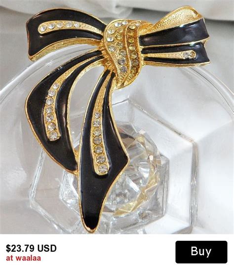 ON SALE Vintage Bow Brooch Large Ribbon Rhinestones Gold Tone And Black Enamel Pin Figural