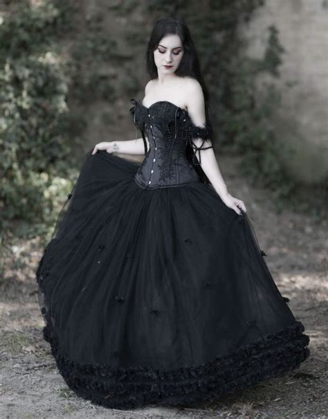 Romantic Black Gothic Flower Off The Shoulder Corset Prom Ball Gown Long Dress Gothic Prom