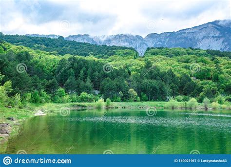The Lake With Emerald Water Is Surrounded By Coniferous Forests And