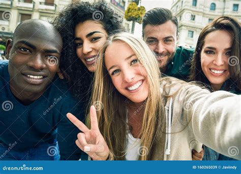 Multiracial Group Of Young People Taking Selfie Stock Image Image Of Outdoors Girl 160265039