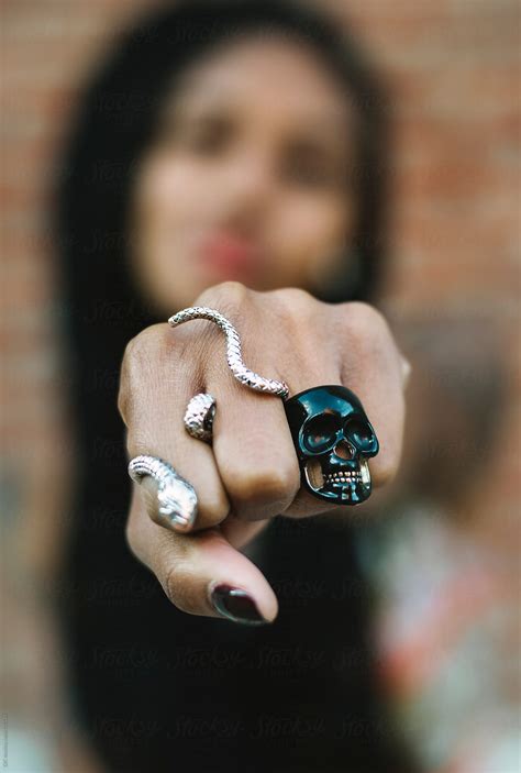 Cool Woman Wearing A Styling Skull Ring By Simone Wave