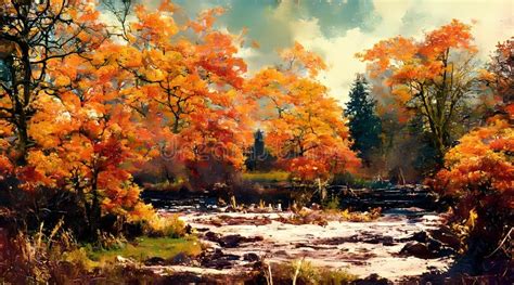 Oil Painting Landscape Autumn Forest Near The Lake O Stock Illustration