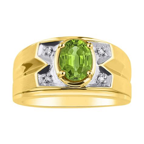 Rylos Mens Classic Oval Peridot And Diamond Ring Set In Yellow Gold