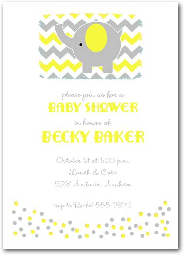 Grey And Yellow Elephant On Chevron Baby Shower Invitations