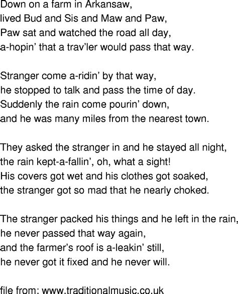 Old Time Song Lyrics Arkansas Traveler