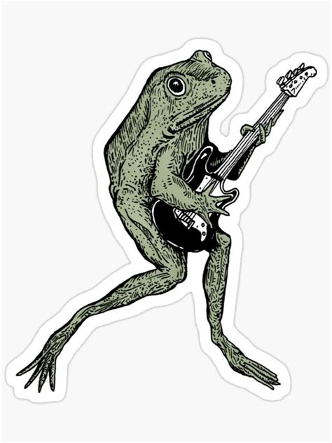 Green Frog Playing Guitar Bass Rock Music Cottagecore Sticker For