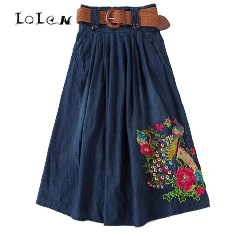 2017 new national style embroidered women denim skirt plus size pleated skirts in skirts from