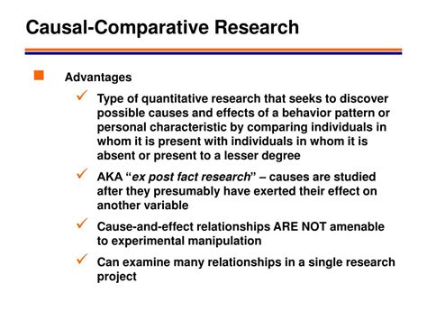 Causal research question is aimed to find out whether a variable causes one or more outcome variables, it is called a causal relationship research. PPT - Descriptive and Causal-Comparative Research Designs ...