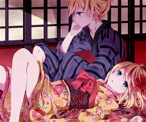 len and rin vocaloid male kagamine rin blonde hair kimono cute cool girl hd wallpaper