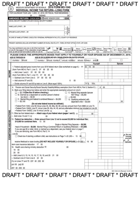 Form Mo 1040 Draft Individual Income Tax Return Long Form