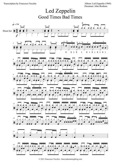 Led Zeppelin Good Times Bad Times Drum Sheet Music Francis