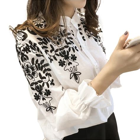 2018 Summer Women Embroidery Blouse Shirt New Fashion White Tops Office