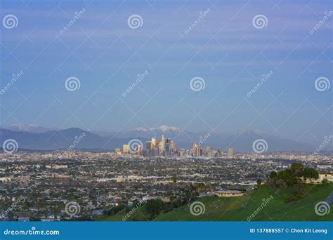 Sunset Aerial View Of The Beautiful Los Angeles Downtown Cityscape With