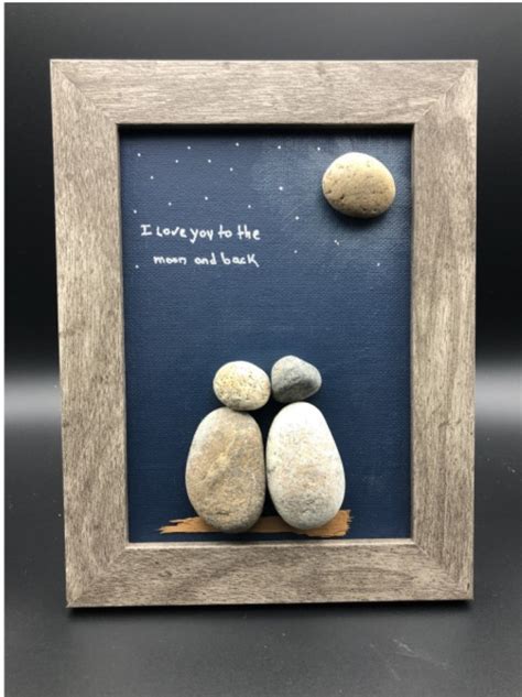 Love you to the moon pebble art framed picture, couple love rock art, grandparent gift, sister ...