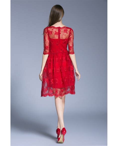 modest a line red lace knee length cocktail dresses with sleeves dk356 84 1