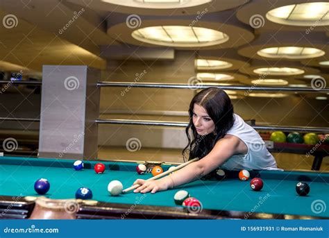 Brunette Woman Playing Billiard Making A Hit Stock Image Image Of Making Brunette 156931931