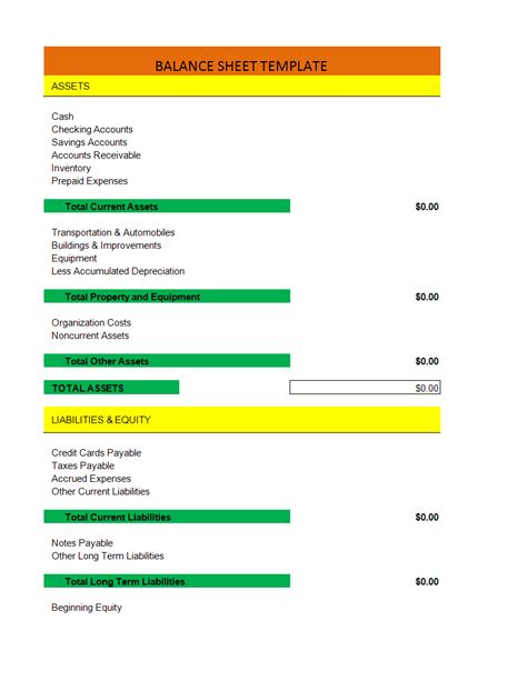 Kostenloses Balance Sheet Worksheet Template