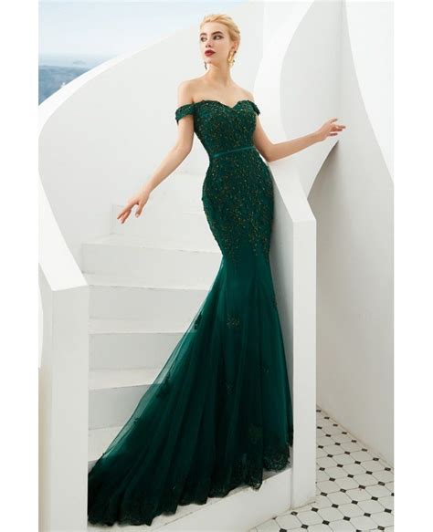 Mermaid Green Lace Beading Prom Formal Dress With Off Shoulder Strap