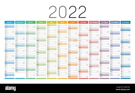 Anno 2022 Calendario Da Parete Colorato Con Numeri Di Settimane Su