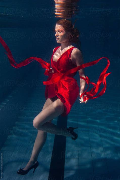 Beautiful Woman Wearing Red Dress Underwater Strange And Artistic By