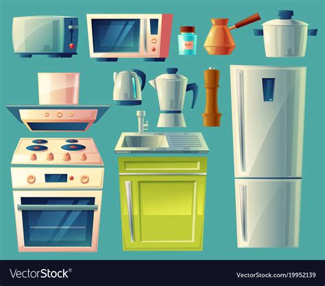 Dibujos de una cena familiar para pintar. Cartoon set of kitchen appliances Royalty Free Vector Image