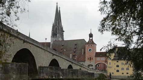 The Medieval Stone Bridge Of Regensburg Germany Stock Footage Video
