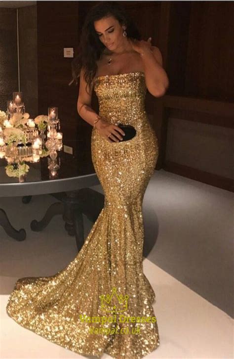 Sparkly Gold Sequin Strapless Floor Length Mermaid Prom Dress Vampal