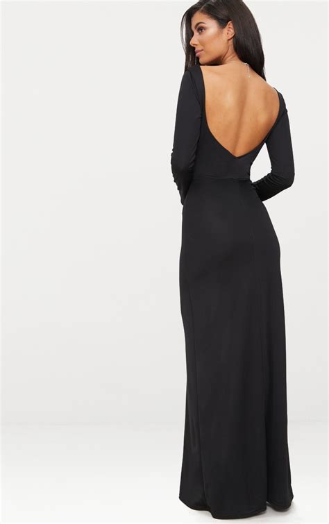 Black Backless Plunge Long Sleeve Maxi Dress Prettylittlething Usa