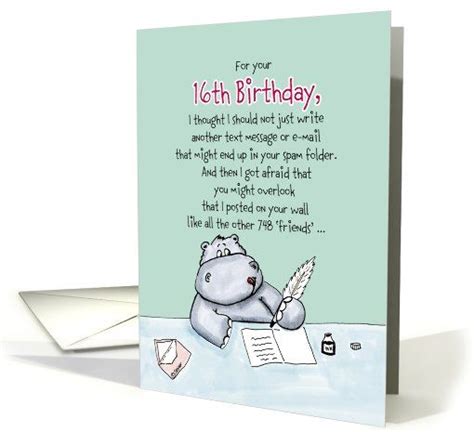 16th Birthday Humorous Whimsical Card With Hippo Card Birthday