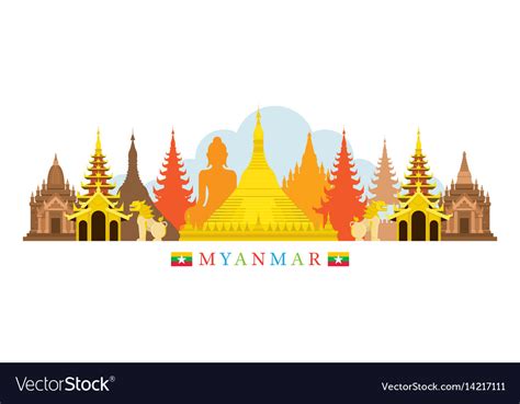 Below is an svg map of the country of myanmar. Myanmar architecture landmarks skyline Royalty Free Vector