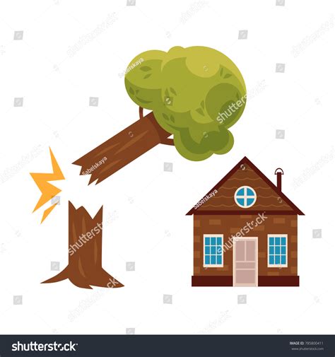 Broken Tree Falling On Cottage House Stock Vector Royalty Free 785800411
