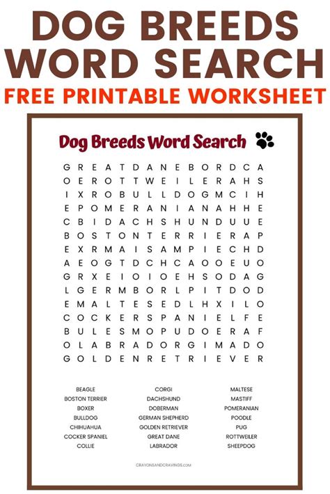 Free Printable Dog Word Search Dog Words Dog Breeds Word Search Free