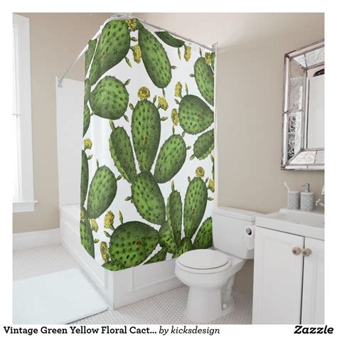 Vintage Green Yellow Floral Cactus Pattern Shower Curtain Vintage