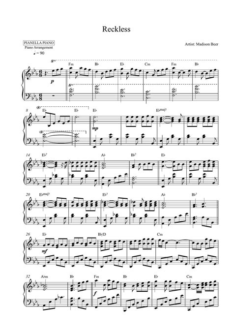 Madison Beer Reckless Piano Sheet Partitura By Pianella Piano