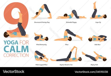 9 Yoga Poses For Calm Correction Concept Vector Image